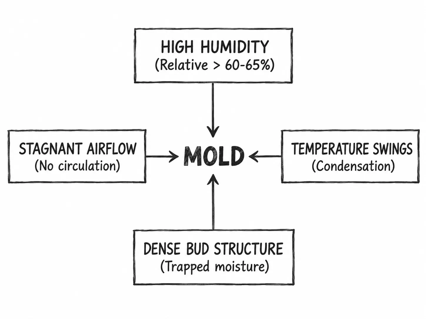 High humidity (above 60–65%), stagnant airflow, temperature fluctuations, and dense cannabis buds that trap moisture are key factors contributing to mold growth on cannabis.