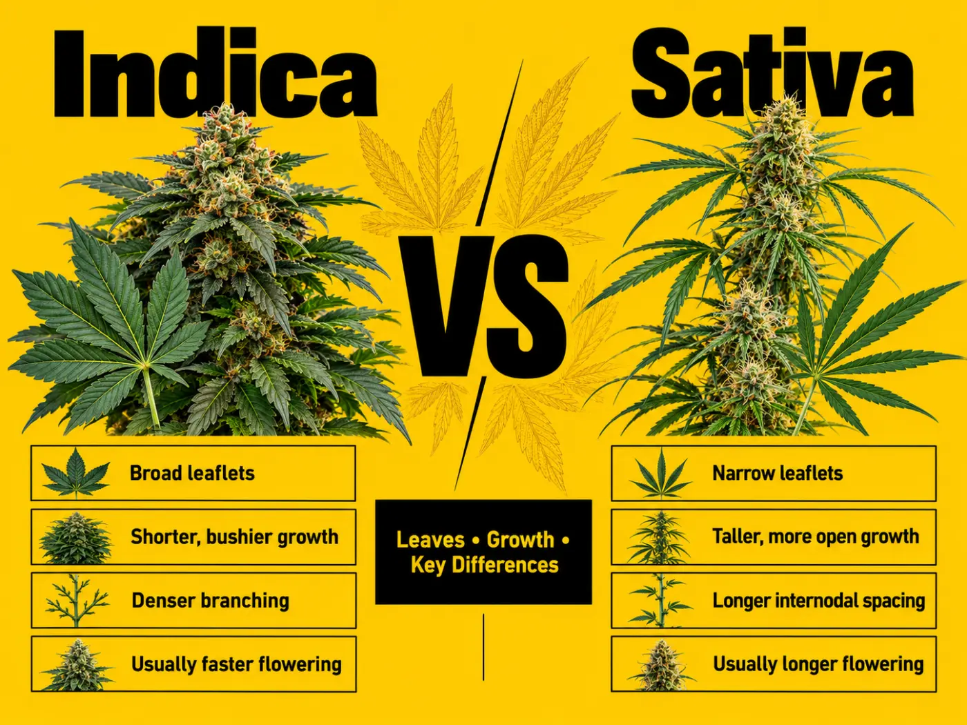 Indica vs Sativa Plant: Leaves, Growth and Key Differences – Visual comparison of indica and sativa cannabis plants, highlighting differences in leaf shape, plant height, branching patterns, internodal spacing, and flowering time. Indica-type plants t
