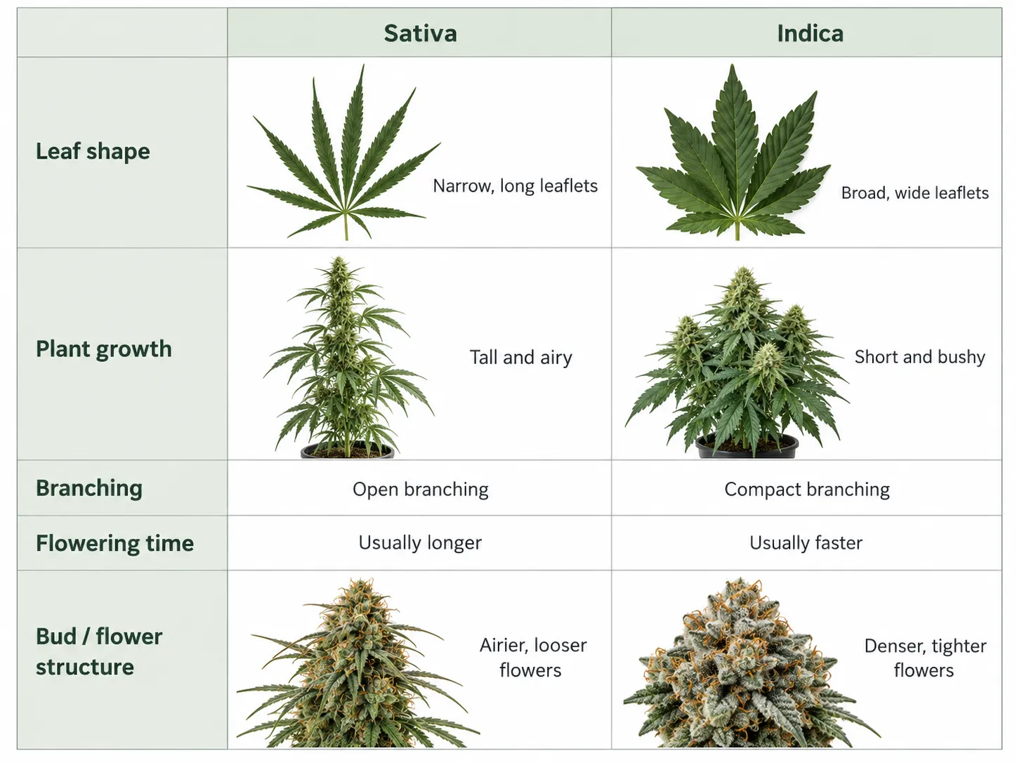 **Indica vs Sativa Plant: Key Differences Explained** – Side-by-side comparison of Indica and Sativa cannabis plants, highlighting differences in leaf shape, plant height, growth patterns, branching, flowering time, and bud structure. Discover how Sativa
