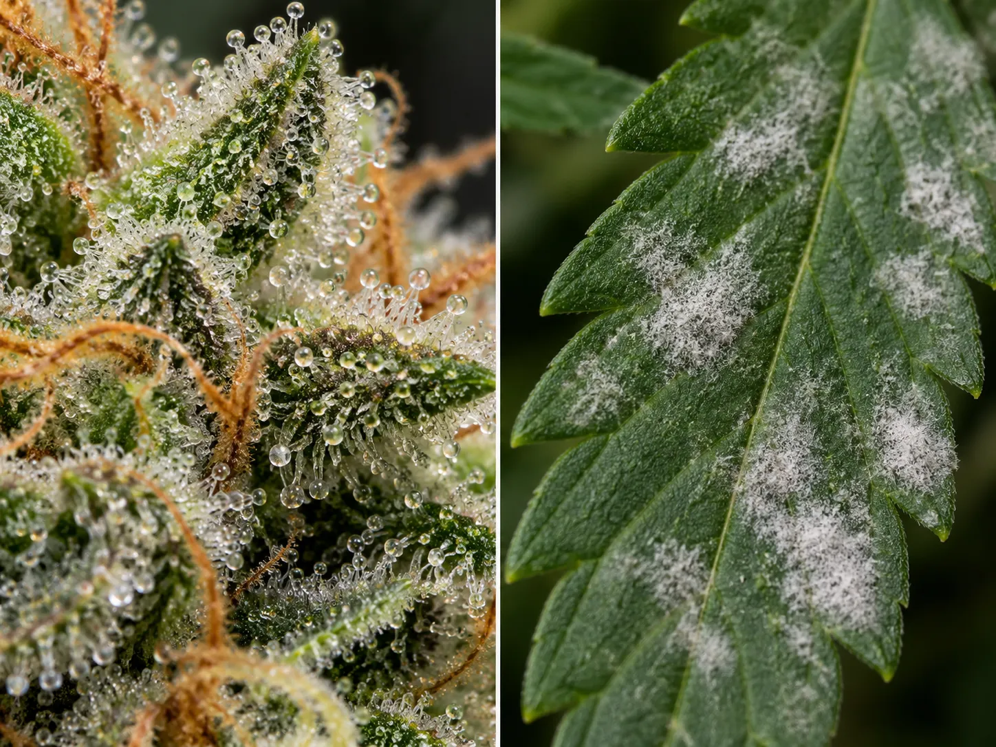 Side-by-side macro photography showing resinous trichomes on a healthy bud versus powdery white mildew patches on a fan leaf.