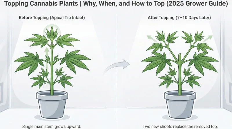 Cutting the main stem above a node splits apical dominance into multiple main colas.