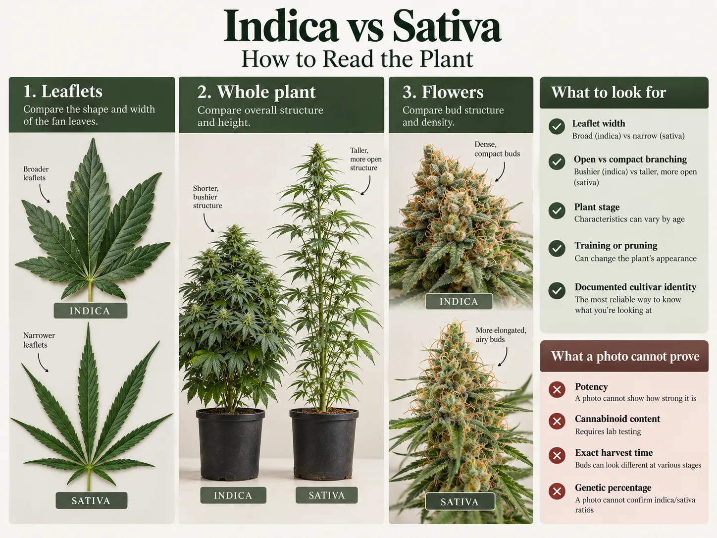Indica vs Sativa Plant Identification: How to Read Cannabis Plant Pictures – Visual guide comparing indica and sativa cannabis plants through leaf shape, plant height, branching patterns, and flower structure. Learn how to identify broad vs narrow leaflet
