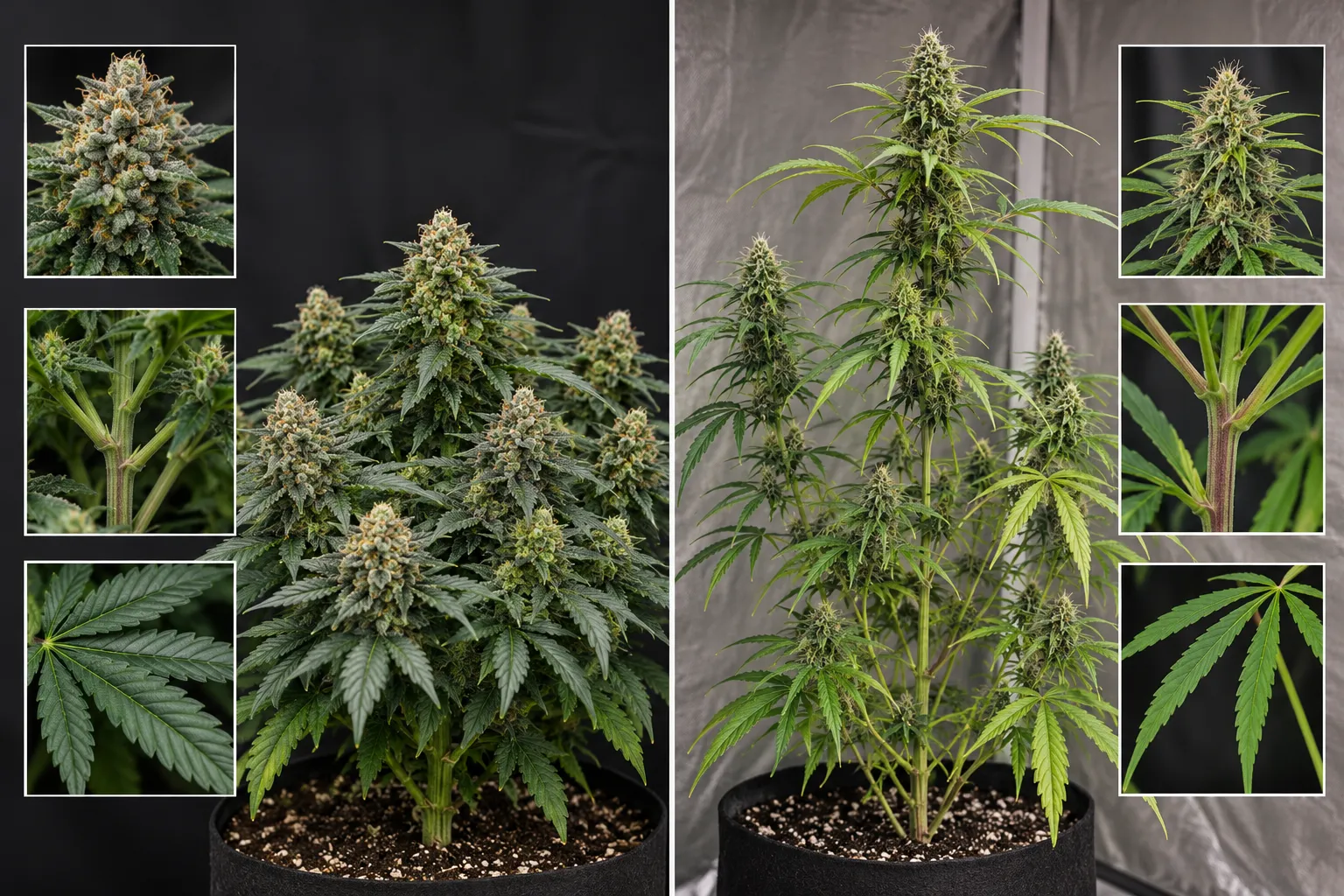 **Indica vs Sativa Plant Structure and Flowering Differences** – Side-by-side comparison of compact, bushy indica-type cannabis plants and taller, more open sativa-type plants. Detailed close-ups highlight differences in branching patterns, internodal spa