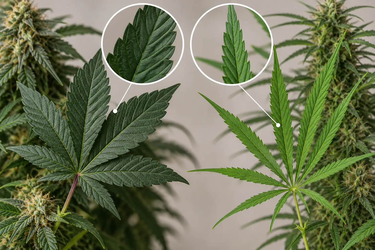 Indica vs Sativa Cannabis Leaves: Broad vs Narrow Leaflets – Close-up comparison of cannabis fan leaves showing the differences between broad, wide indica-type leaflets and long, narrow sativa-type leaflets. Detailed magnified views highlight leaf shape,
