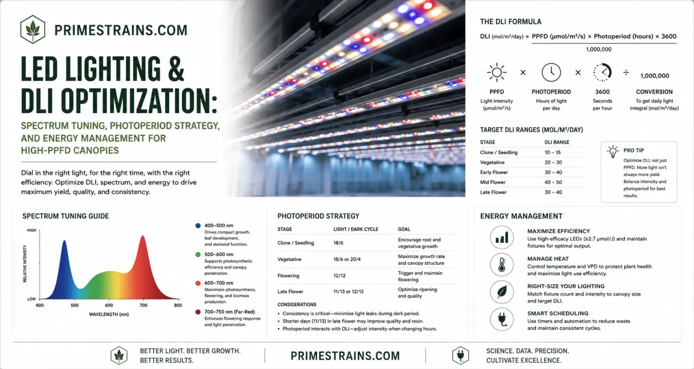LED Lighting & DLI Optimization: Spectrum Tuning, Photoperiod Strategy, and Energy Management for High-PPFD Canopies