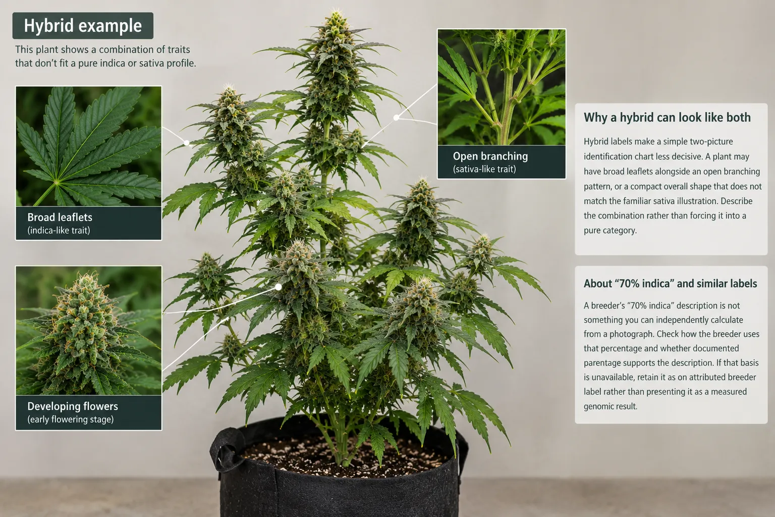 **Hybrid Cannabis Plant: Indica and Sativa Characteristics Explained** – Close-up comparison of a hybrid cannabis plant showing broad indica-like leaflets, open sativa-like branching, and developing cannabis flowers. Discover how hybrid marijuana strains