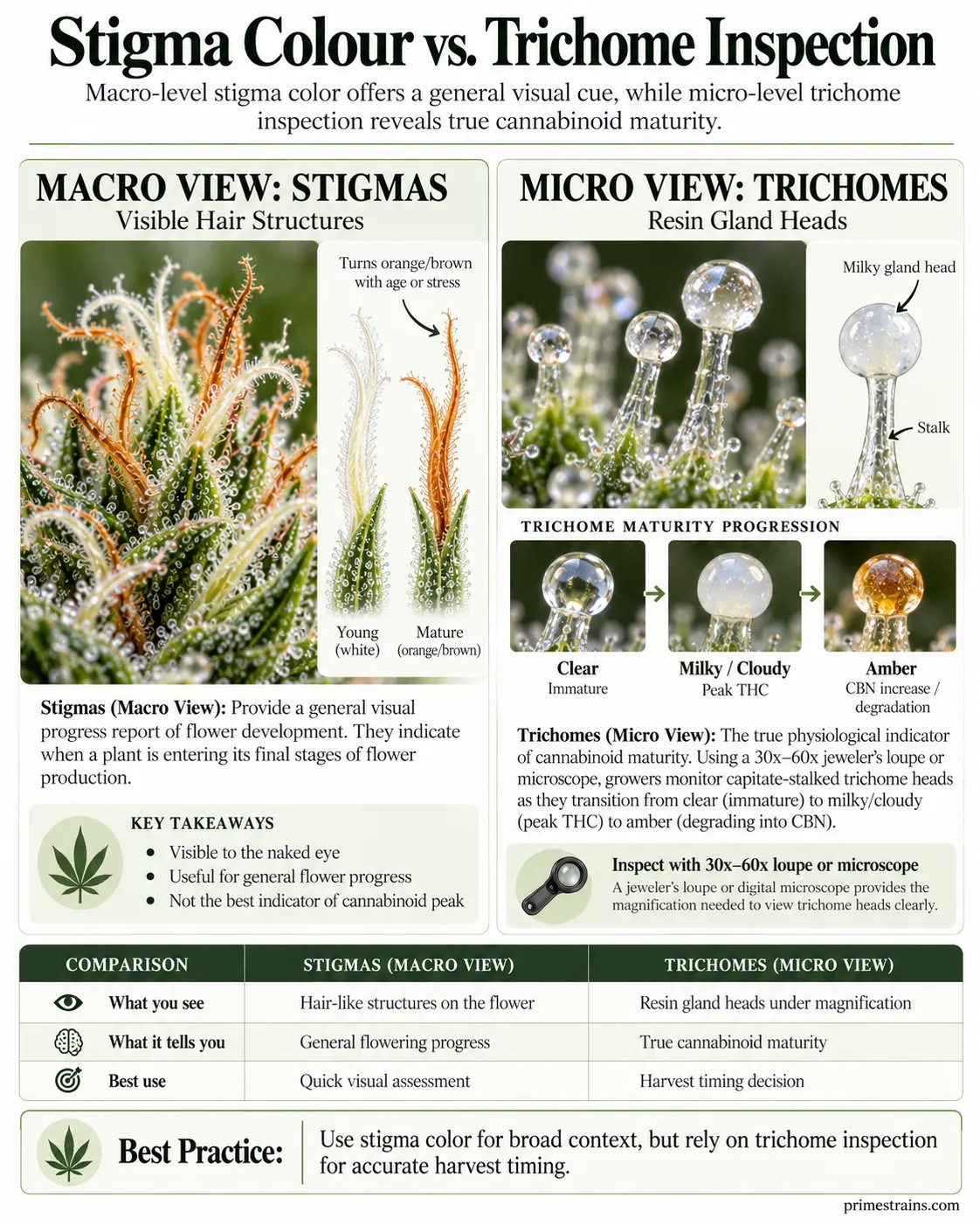 **Cannabis Stigma Colour vs. Trichome Inspection:** Detailed botanical infographic comparing visible cannabis stigmas with microscopic resin gland trichomes. Learn how stigma colour changes from white to orange and brown, while trichome heads transition f